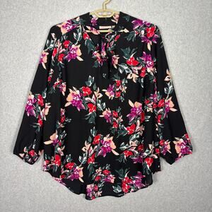 EVRI Blouse Womens 3X Black Floral Neck Tie Tunic Secretary Loose Career‎ Office